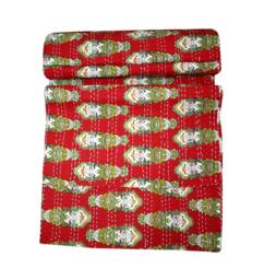 Floral Print King Size Kantha Quilt, Handmade Bohemian Bedspread - thumbnail 1