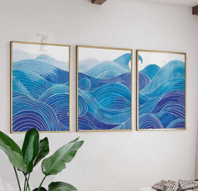 Set Of 3 Ocean Wave Wall Art Prints, Blue Sea Abstract Poster Trio, Coastal Nautical Home Decor - image 1