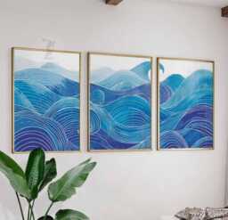 Set Of 3 Ocean Wave Wall Art Prints, Blue Sea Abstract Poster Trio, Coastal Nautical Home Decor - thumbnail 1