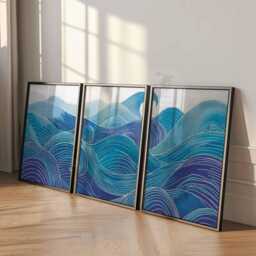 Set Of 3 Ocean Wave Wall Art Prints, Blue Sea Abstract Poster Trio, Coastal Nautical Home Decor - thumbnail 3