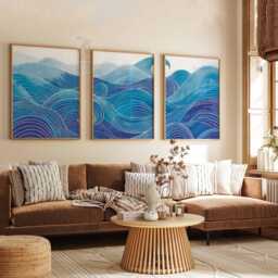 Set Of 3 Ocean Wave Wall Art Prints, Blue Sea Abstract Poster Trio, Coastal Nautical Home Decor - thumbnail 2