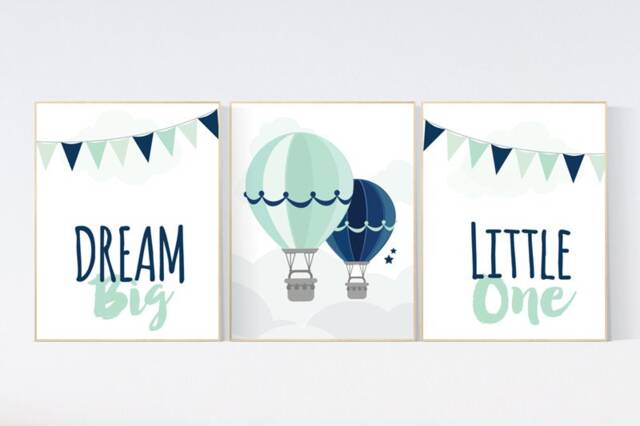 Hot Air Balloon Nursery Print Mint Navy Baby Room Wall Art - image 1
