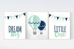 Hot Air Balloon Nursery Print Mint Navy Baby Room Wall Art - thumbnail 1