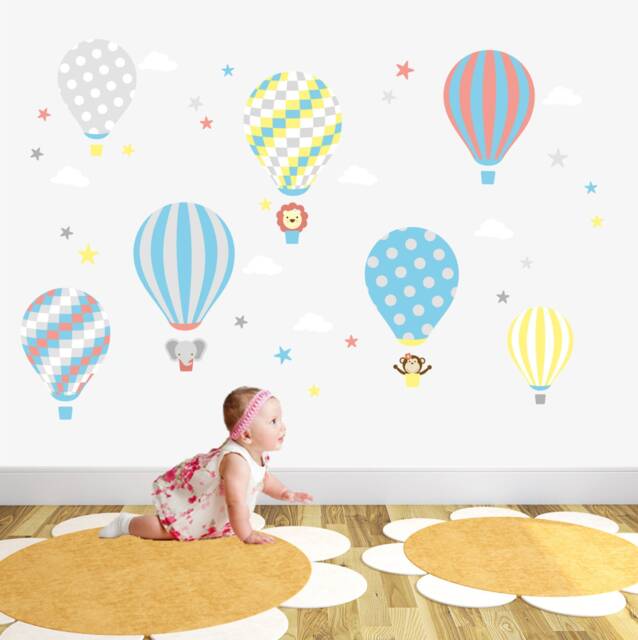 Hot Air Balloon Decal & Jungle Animal Wall Stickers. Neutral Baby Bedroom Decor, Coral, Blue, Yellow Grey Nursery, Removable Fabric - image 1