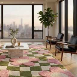 Retro Pink Floral Wavy Checkerboard Rug - Tufted Groovy Aesthetic Area Carpet Cute Y2K Danish Pastel Room Decor Custom Plush Floor Mat - thumbnail 3