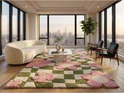 Retro Pink Floral Wavy Checkerboard Rug - Tufted Groovy Aesthetic Area Carpet Cute Y2K Danish Pastel Room Decor Custom Plush Floor Mat