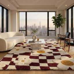 Retro Pink Floral Wavy Checkerboard Rug - Tufted Groovy Aesthetic Area Carpet Cute Y2K Danish Pastel Room Decor Custom Plush Floor Mat - thumbnail 4