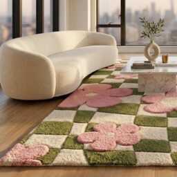 Retro Pink Floral Wavy Checkerboard Rug - Tufted Groovy Aesthetic Area Carpet Cute Y2K Danish Pastel Room Decor Custom Plush Floor Mat - thumbnail 2
