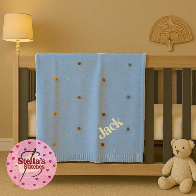 Baby Name Blanket, Personalised, Customised, Name, Weight, Date Of Birth, Embroidered, Pom Blanket, Knitted Blue Soft Blanket - image 1