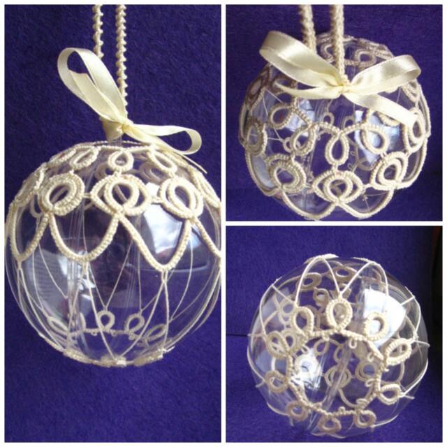 Ready To Ship Christmas Ball Tatting Lace Ornament White-Off Ecru Cream Thread Tatted - image 1