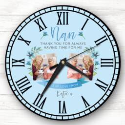 Nan Photo Flowers Blue Banner Personalised Gift Clock