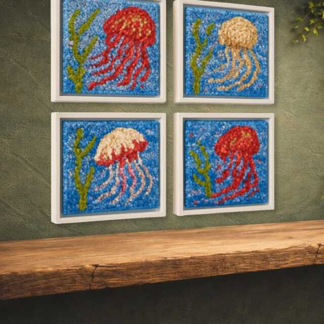 Medusae I-Iv - The Swarm - 4-Piece Textile Art Set, Hand-Knotted, Unique, Wall Made Of Wool & Jute - image 1