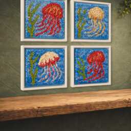 Medusae I-Iv - The Swarm - 4-Piece Textile Art Set, Hand-Knotted, Unique, Wall Made Of Wool & Jute