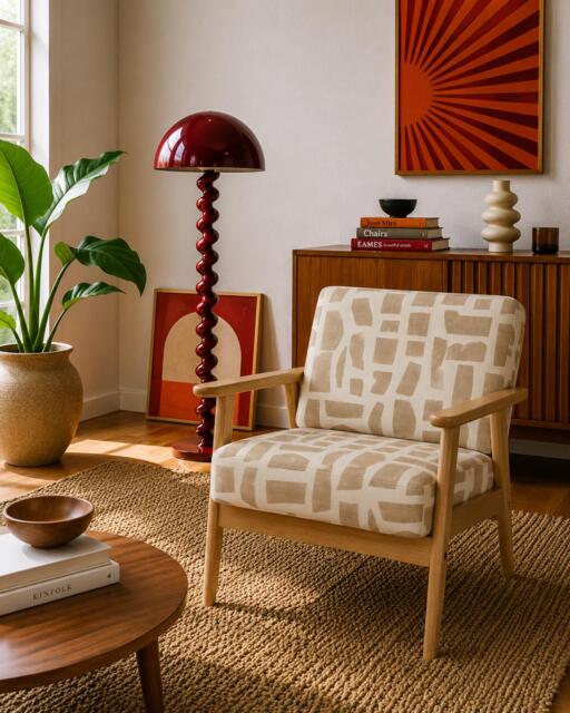 Upholstered Midcentury Modern Armchair - Abstract Shapes Pattern - image 1