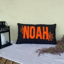 Halloween Personalized Linen Pillow, Embroidered Name, Gothic Decor - thumbnail 2