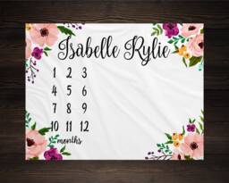 Baby Girl Milestone Blanket Month Growth Tracker Minky Fleece Custom Personalized Shower Gift Watercolor Floral Newborn - thumbnail 1