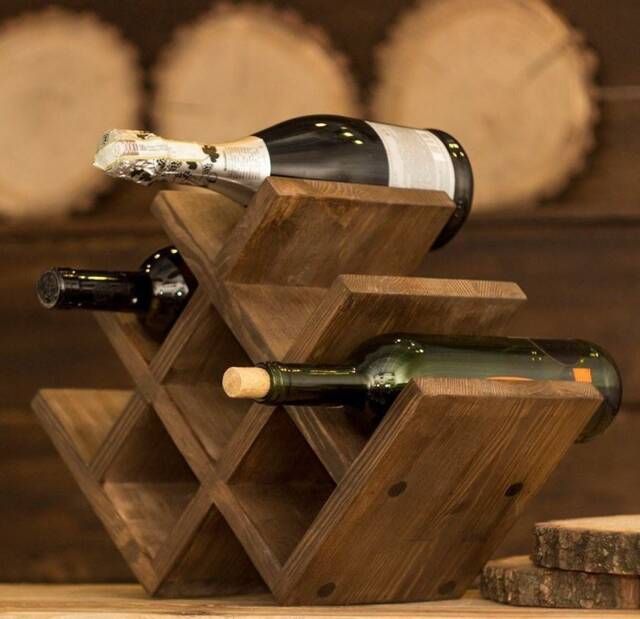 Wooden Wine Rack, Wood Holder, Rustic Cube, Tabletop Oak Father's Gift - image 1
