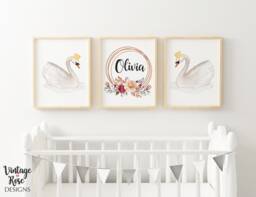 Set Of 3 Nursery Prints, Swan, Girls Room Wall Art, Decor, Rose Gold Geometric Print, Personalised Name Watercolour Flowers - thumbnail 1