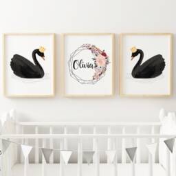 Set Of 3 Nursery Prints, Swan, Girls Room Wall Art, Decor, Rose Gold Geometric Print, Personalised Name Watercolour Flowers - thumbnail 2