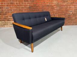 Model 55 Danish Vintage Mid Century Teak Inspired 3 Seat Cocktail Sofa Settee in Ebony Black Faux Linen