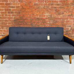 Model 55 Danish Vintage Mid Century Teak Inspired 3 Seat Cocktail Sofa Settee in Ebony Black Faux Linen - thumbnail 4