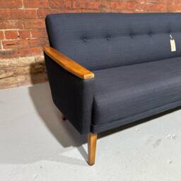 Model 55 Danish Vintage Mid Century Teak Inspired 3 Seat Cocktail Sofa Settee in Ebony Black Faux Linen - thumbnail 3