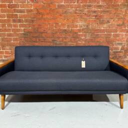 Model 55 Danish Vintage Mid Century Teak Inspired 3 Seat Cocktail Sofa Settee in Ebony Black Faux Linen - thumbnail 2