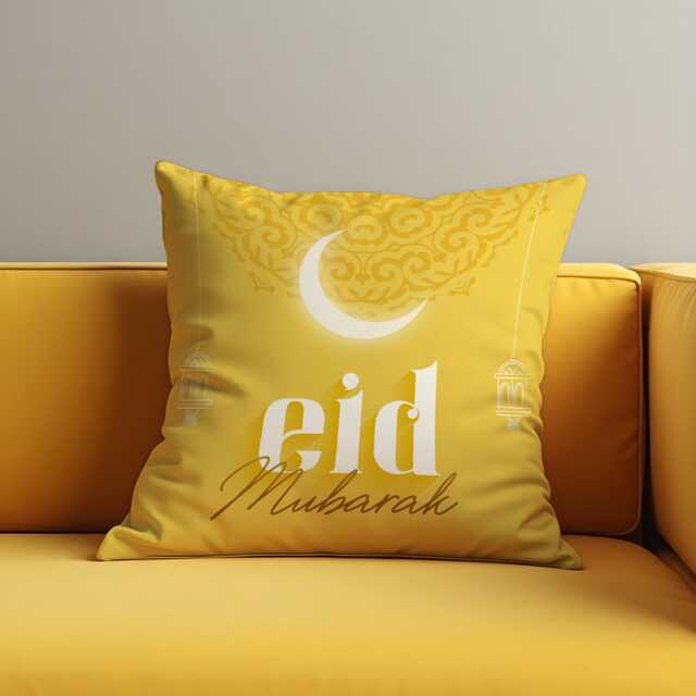 Eid Mubarak Cushion Cover, Yellow Islamic Pillowcase, Crescent Moon & Lantern Decorative Case, Home Decor - image 1