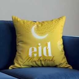 Eid Mubarak Cushion Cover, Yellow Islamic Pillowcase, Crescent Moon & Lantern Decorative Case, Home Decor - thumbnail 3