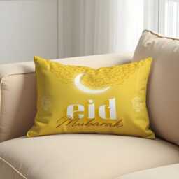 Eid Mubarak Cushion Cover, Yellow Islamic Pillowcase, Crescent Moon & Lantern Decorative Case, Home Decor - thumbnail 2