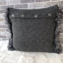 Handmade Chunky Knit Pillow Cover Alpaca Wool With Rabbit Fur Trim - thumbnail 4