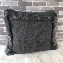 Handmade Chunky Knit Pillow Cover Alpaca Wool With Rabbit Fur Trim - thumbnail 2