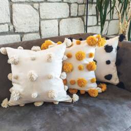 Orange Pom Boho Throw Pillow Case, Honeycomb Pompom Cushion Cover - thumbnail 3