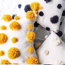 Orange Pom Boho Throw Pillow Case, Honeycomb Pompom Cushion Cover - thumbnail 4