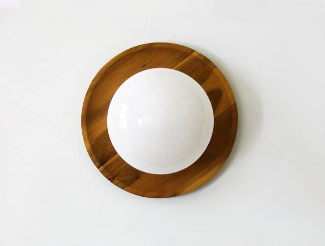 Round Acacia & Opal Glass Shade Large Sconce Lamp Flush Mount Wood Fixture Light Farmhouse Lighting Bohemian Lights - image 1