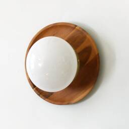 Round Acacia & Opal Glass Shade Large Sconce Lamp Flush Mount Wood Fixture Light Farmhouse Lighting Bohemian Lights - thumbnail 2