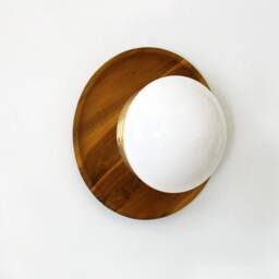 Round Acacia & Opal Glass Shade Large Sconce Lamp Flush Mount Wood Fixture Light Farmhouse Lighting Bohemian Lights - thumbnail 4