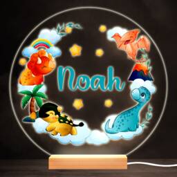 Dinosaurs Watercolour Colourful Round Personalised Gift Led Lamp Night Light - Bedroom