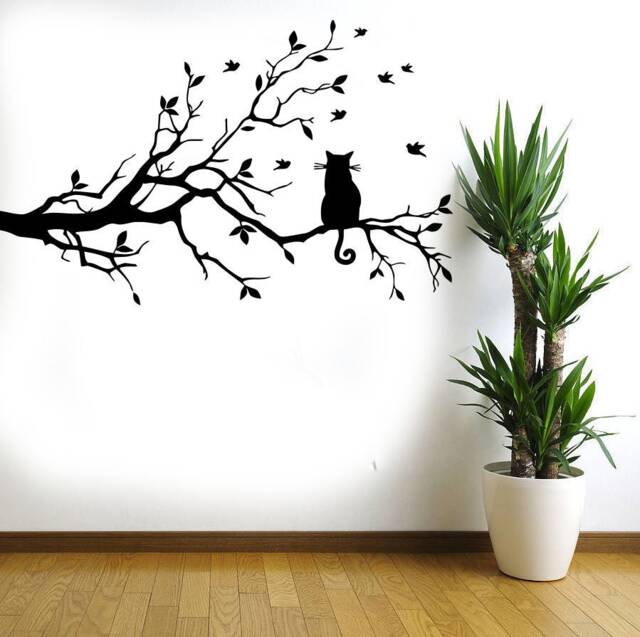 Tree Branch Wall Decal Cat & Birds Vinyl Sticker T414 - image 1