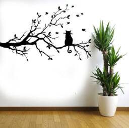 Tree Branch Wall Decal Cat & Birds Vinyl Sticker T414 - thumbnail 1
