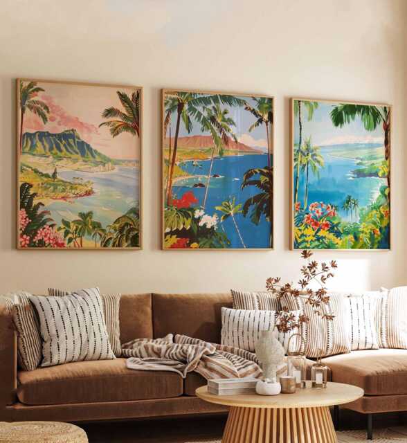 Set Of 3 Hawaii Posters, Usa Tropical Island Prints Set, Beach Ocean Palm Tree Wall Art, Hawaiian Decor Prints, Vacation Gift - image 1