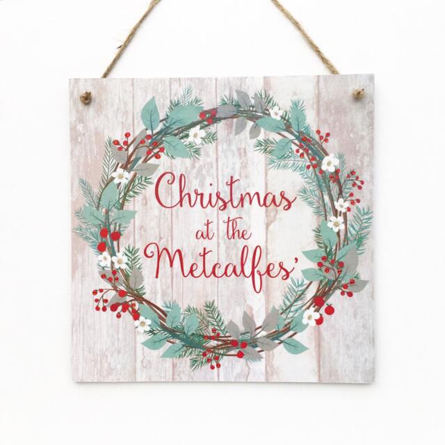 Christmas At The... Sign, Personalised Welcome Wooden Plaque, Surname Door Wreath - image 1