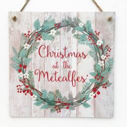 Christmas At The... Sign, Personalised Welcome Wooden Plaque, Surname Door Wreath - thumbnail 2