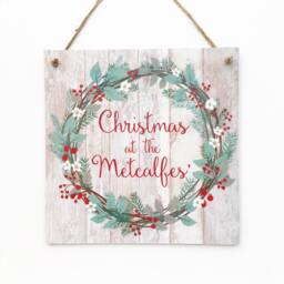 Christmas At The... Sign, Personalised Welcome Wooden Plaque, Surname Door Wreath - thumbnail 1