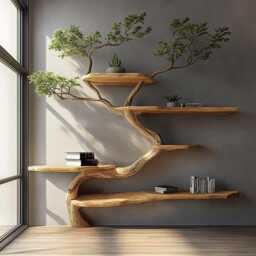 Handcrafted Tree Corner Bookcase Natural Wood Floating Bookshelf Rustic Branch Shelving Unit Organic Wall Mount Shelf - thumbnail 2