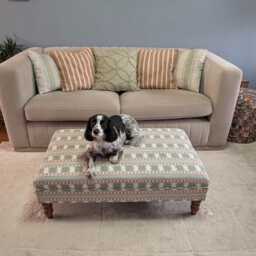 Handmade Checkered Stripe Ottoman Footstool James Hare Paxton Pink Green Fabric With Turned Wooden Legs - thumbnail 2