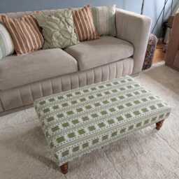Handmade Checkered Stripe Ottoman Footstool James Hare Paxton Pink Green Fabric With Turned Wooden Legs - thumbnail 2