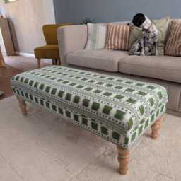 Handmade Checkered Stripe Ottoman Footstool James Hare Paxton Pink Green Fabric With Turned Wooden Legs - thumbnail 4