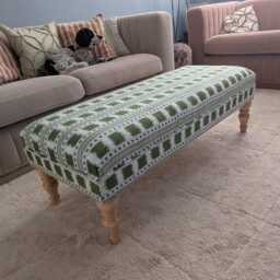 Handmade Checkered Stripe Ottoman Footstool James Hare Paxton Pink Green Fabric With Turned Wooden Legs - thumbnail 3