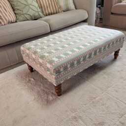 Handmade Checkered Stripe Ottoman Footstool James Hare Paxton Pink Green Fabric With Turned Wooden Legs - thumbnail 3